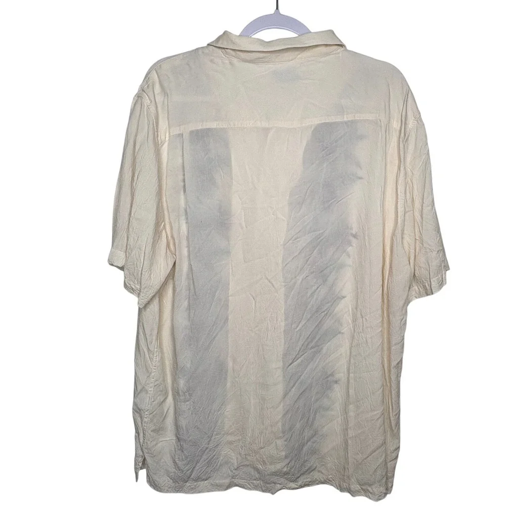 Vtg‎ Caribbean Rayon Camp Shirt XL Cream Vertical Floral Embroidery Soft Drape